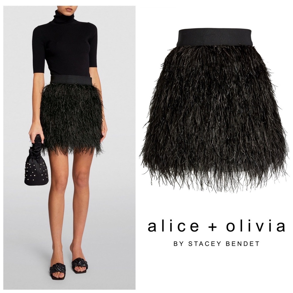 New! ALICE + OLIVIA Cina Ostrich Feather Mini Skirt - Picture 2 of 10